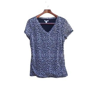 Dana Buchman Animal Leopard Print  Netted V-neck Short Sleeved Top Tan Blk Sz XL